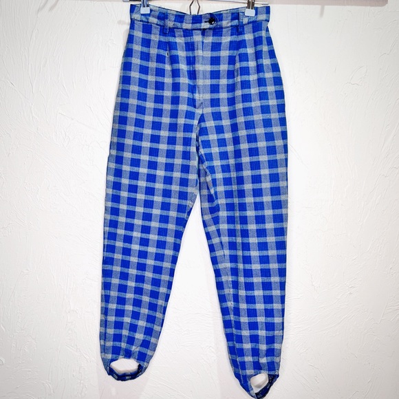 Vintage 80s Ashleigh Morgan Blue Plaid Stirrup Pants Women's 8 Tapered Leg - Picture 1 of 8
